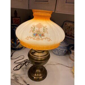 The Rochester 1880 VTG brass glass orange green floral hurricane lamp SKU 9977